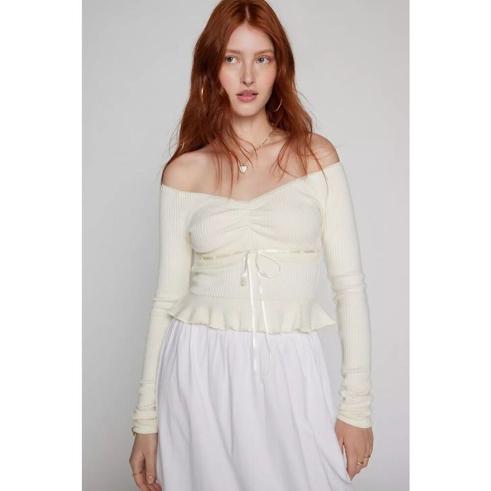 Off-Shoulder Cream Ribbed Peplum Long-Sleeve Top